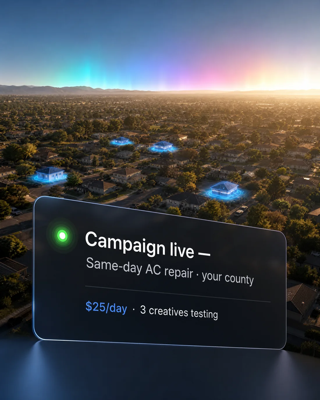 A live campaign card over your county at dusk