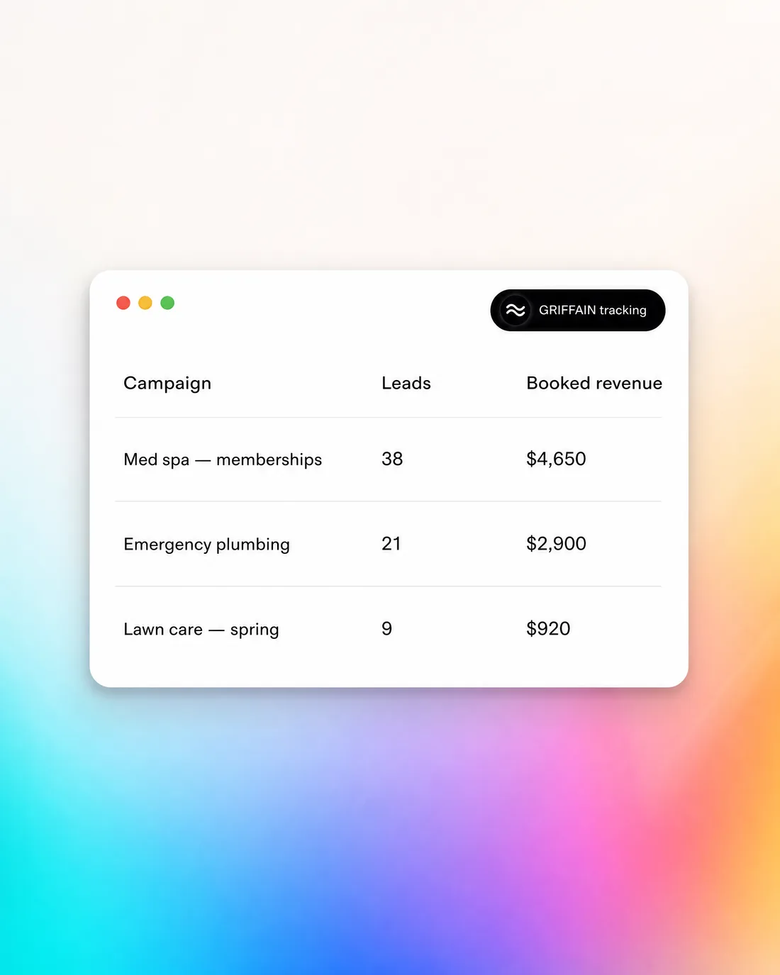 The campaign table — leads and booked revenue per campaign