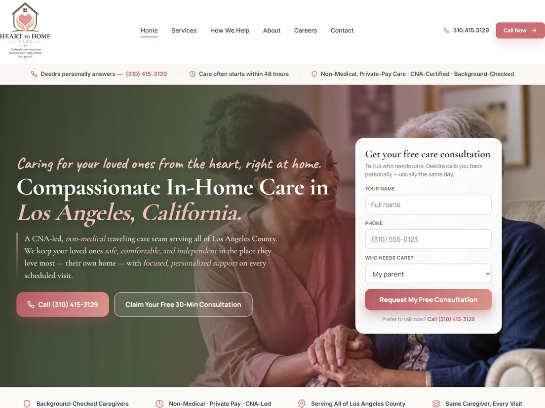 Heart to Home Care's website — a Los Angeles home care agency we built