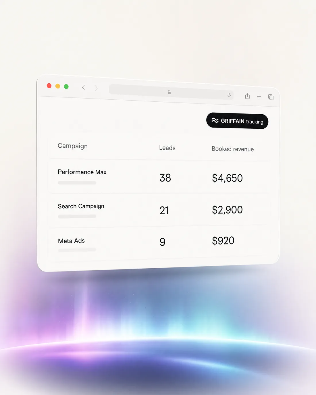 Every dollar traced — leads and booked revenue per campaign