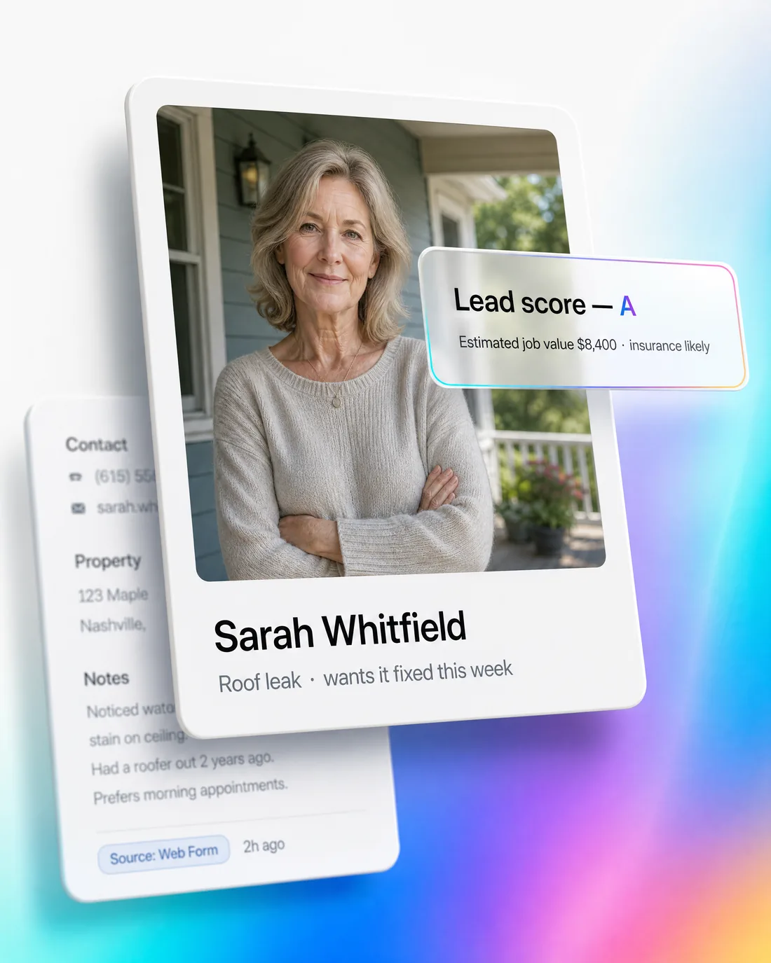 A scored lead dossier — job value estimated, insurance likely