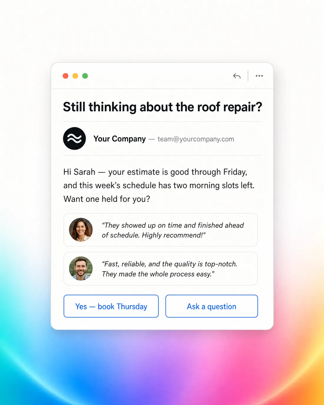 Automatic day-3 follow-up email booking the job