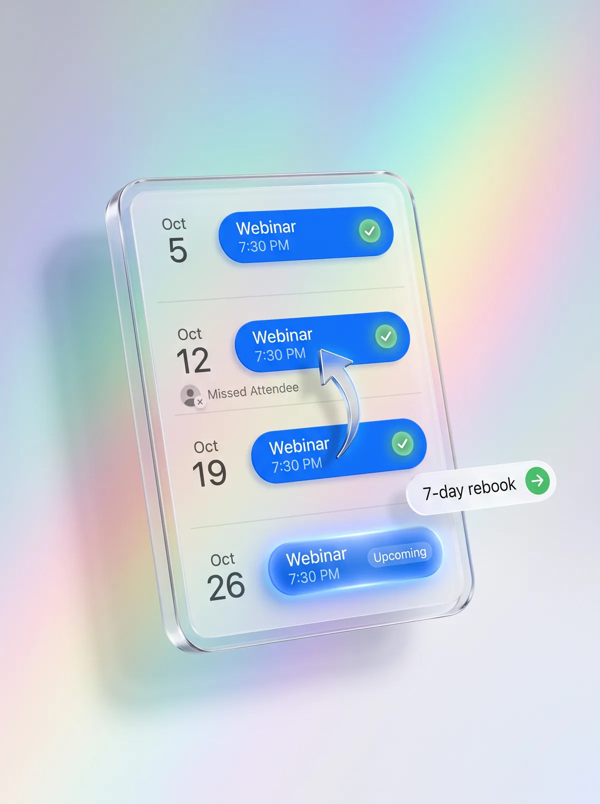 Four weekly rooms — a no-show is a seven-day rebook