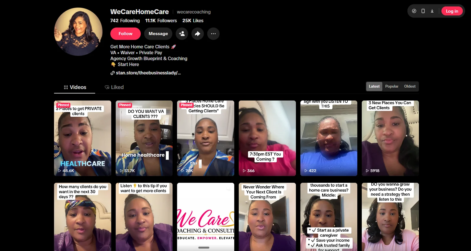 Home care coaching creator profile — 11.1K followers, pinned videos at 48K to 70K views, 7:30pm live webinar promo